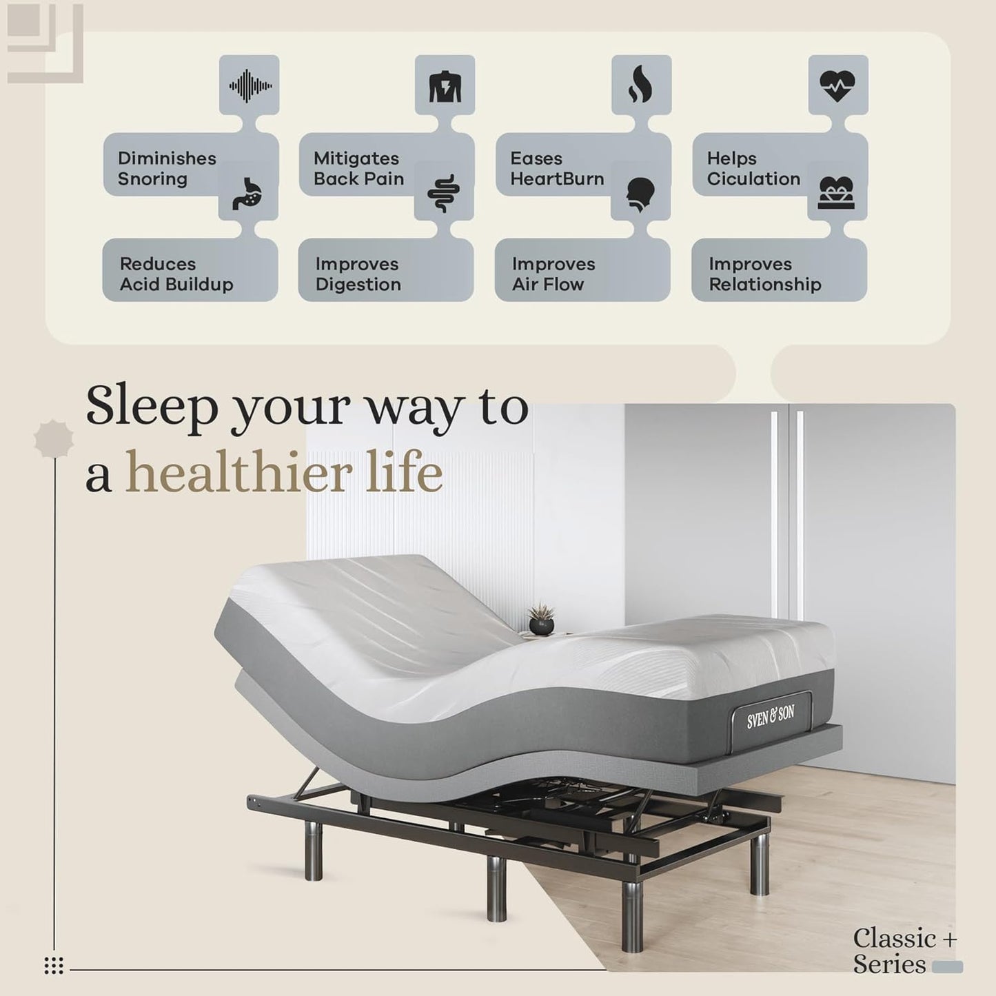 Classic plus (With Head-Tilt) Adjustable Bed Base (Frame) + 14 Inch Hybrid Spring Matt (Medium Soft), Head and Foot Lift, Massage, Under-Bed Lights, USB, Memory, Zero Gravity - Twin XL