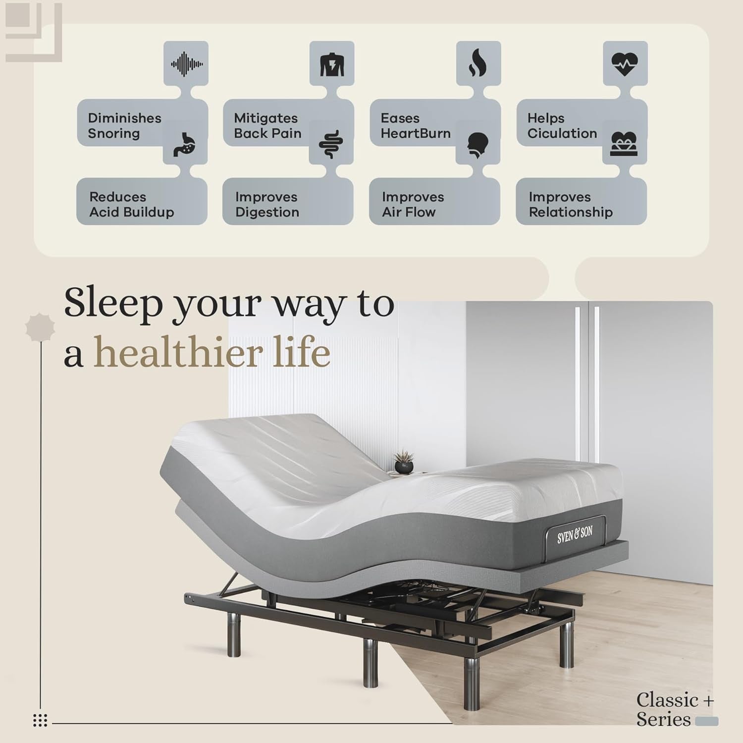 Classic plus (With Head-Tilt) Adjustable Bed Base (Frame) + 14 Inch Hybrid Spring Matt (Medium Soft), Head and Foot Lift, Massage, Under-Bed Lights, USB, Memory, Zero Gravity - Twin XL