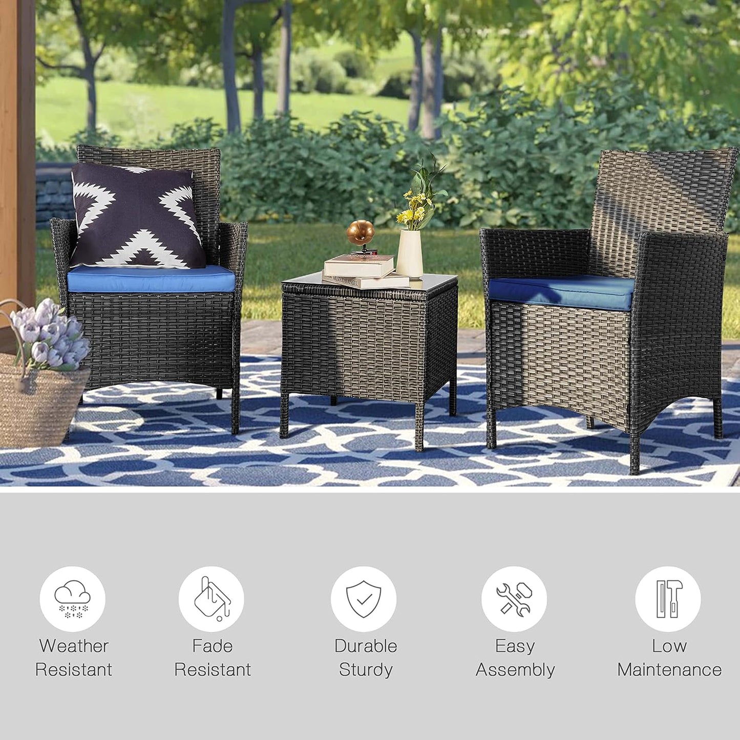 3 Pieces Patio Furniture Sets,Wicker Patio Set,Pe Rattan Patio Furniture,Patio Bistro Sets,Porch Furniture,Outdoor Conversation Sets,Wicker Patio Chairs,Balcony Furniture Set