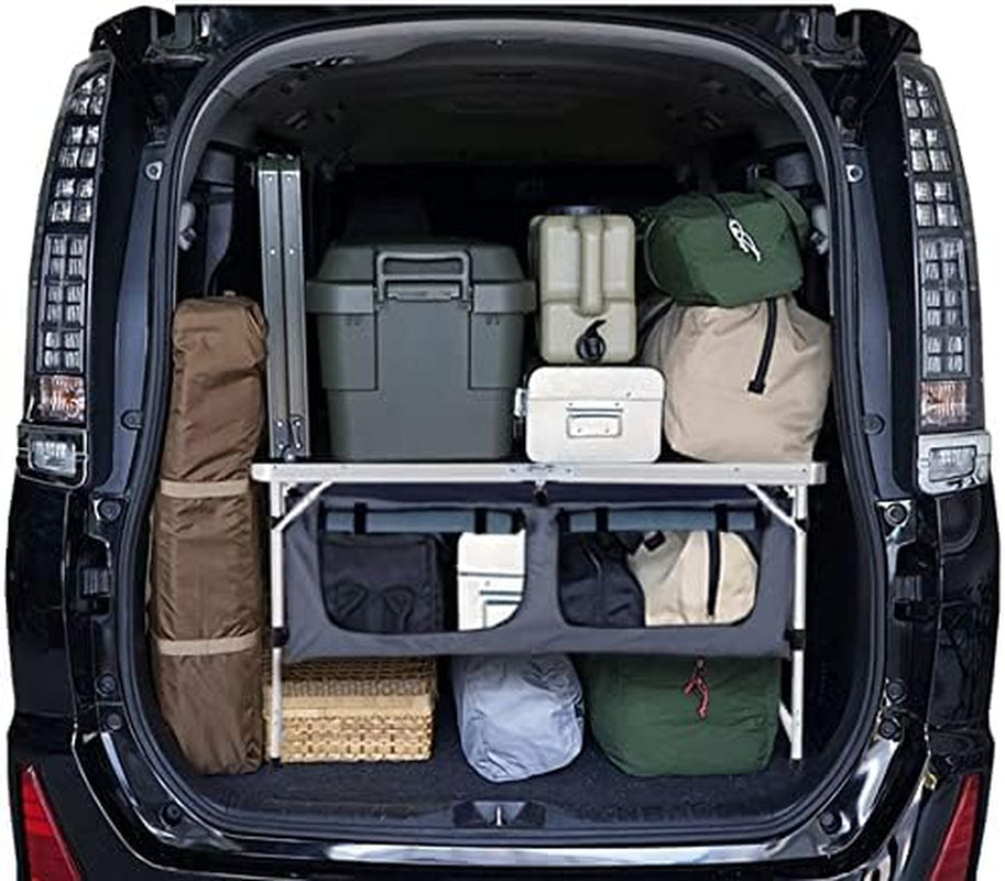 Folding Camping Table with Storage Lightweight Camp Tables Portable Indoor/Outdoor Collapsible Table Height Adjustable Camp Kitchen Perfect for Picnic, Beach, Travel, Tailgating, Backyards, BBQ, Party