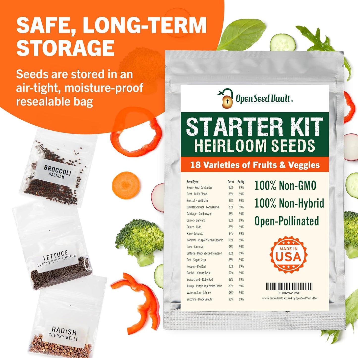 15,000 Heirloom Seeds Non-Gmo for Planting Vegetables & Fruits (18 Variety Pack) - Gardening Starter Kit Seeds, Survival Gear Food, Gardening Gifts, Emergency Supplies